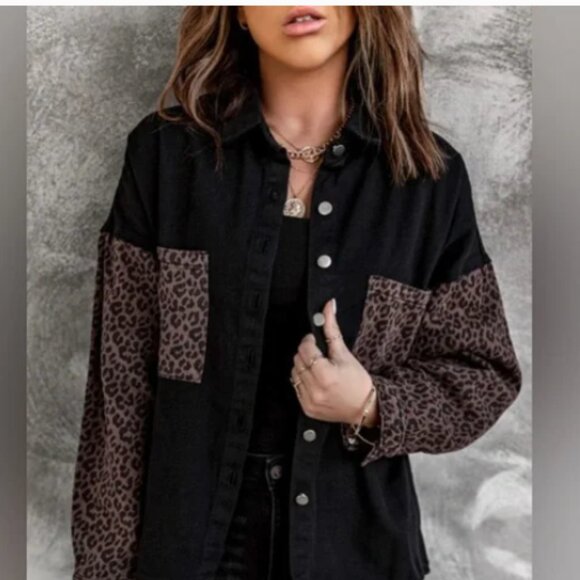 Women's Leopard Print Mixed Print Black Denim Jean Jacket XXL NWOT - Picture 1 of 5